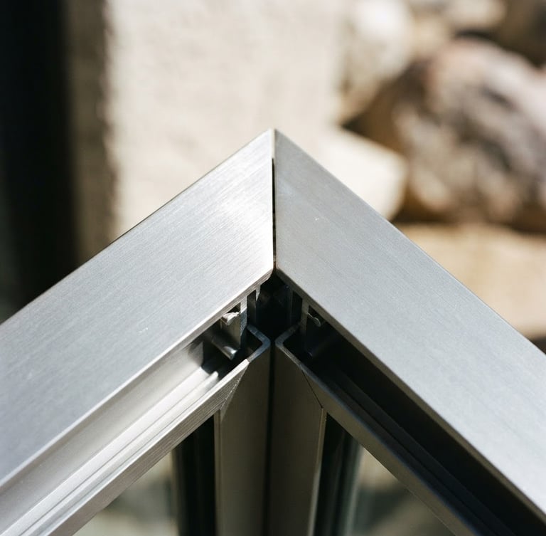 Extreme close-up of a flawless aluminum window miter joint, sharp metallic reflections, bright harsh desert sunlight, high contrast architectural photography, 35mm
