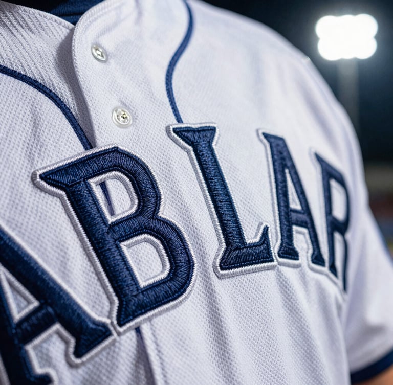 Macro close-up of heavy-duty tackle twill lettering on a baseball jersey, crisp embroidery border, dramatic stadium floodlight key lighting.