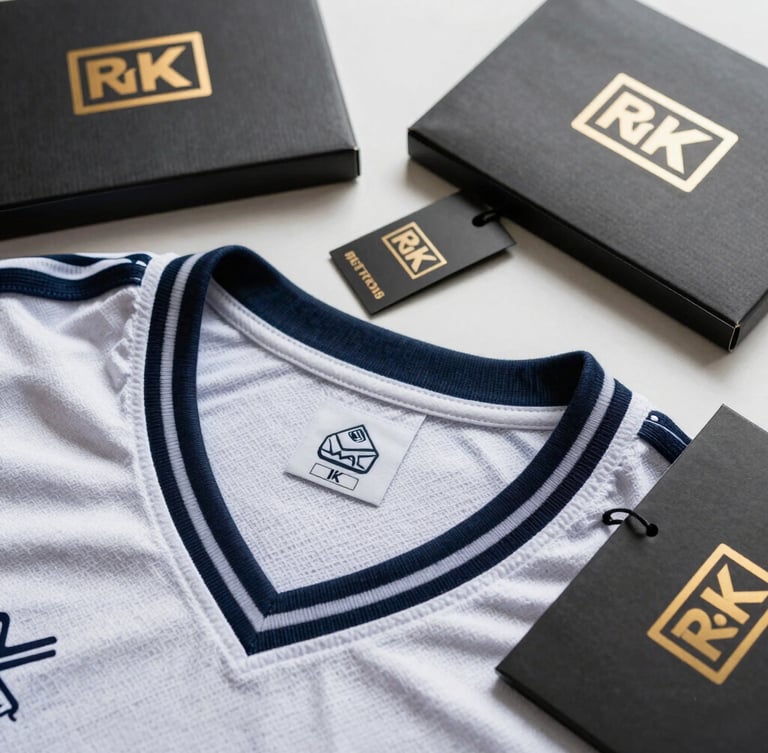 Clean flat-lay of finished custom jerseys showing inner woven neck labels, custom brand hangtags, and premium retail packaging.