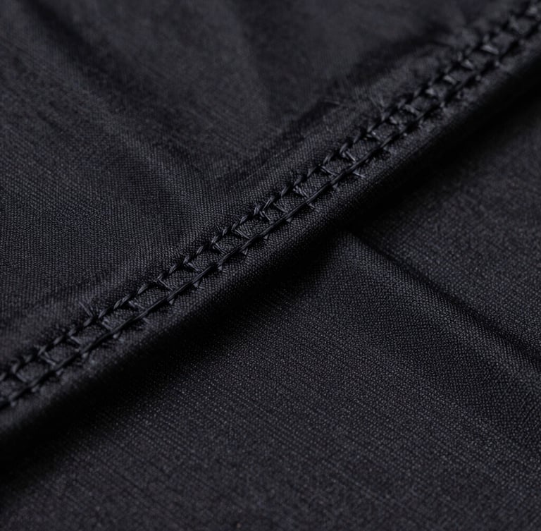 Extreme macro close-up of high-tension flatlock stitching on a matte black athletic jersey, showing the intricate technical thread weave under sharp rim lighting.