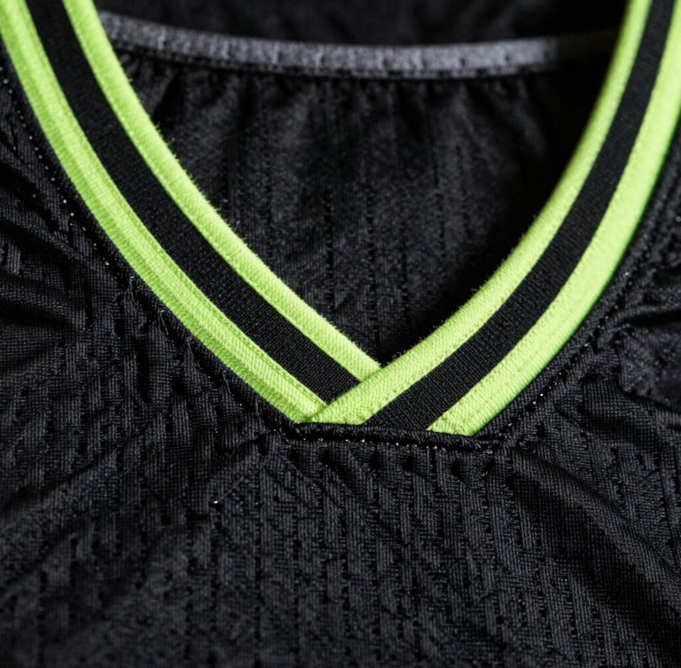 Macro close-up of heavy-duty tackle twill stitching on a black basketball jersey, dramatic neon volt rim lighting, professional athletic texture