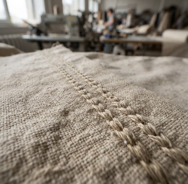 Tight macro shot of industrial double-needle stitching on heavy raw canvas, natural diffused factory window light, shallow depth of field, neutral tones