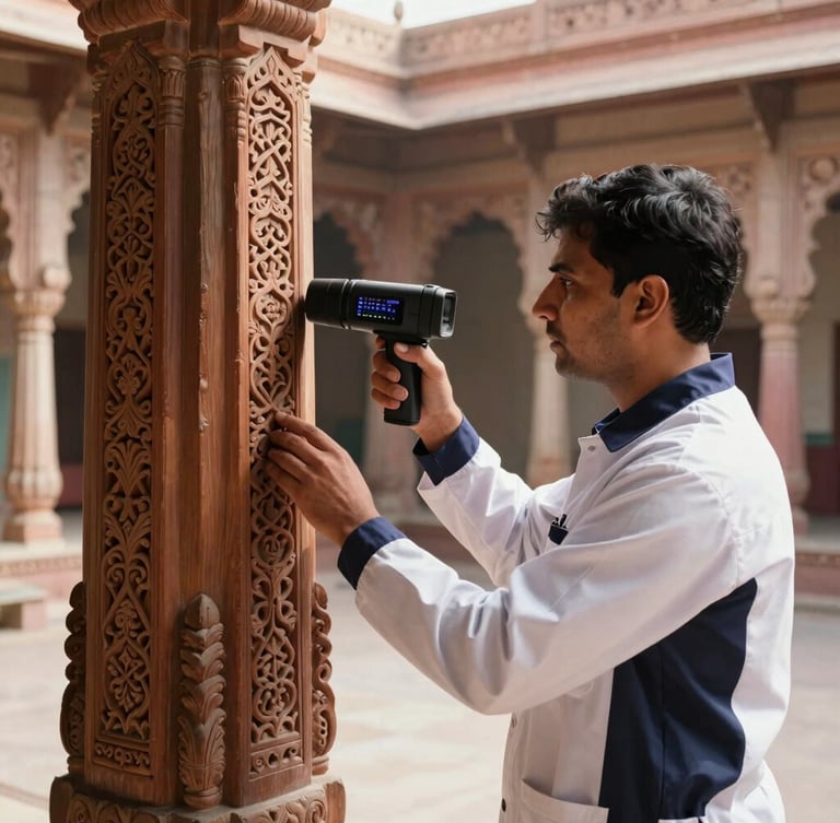 A professional technician in a crisp white and navy uniform using a thermal imaging camera to inspect the carved wooden pillars of an ornate Rajasthani haveli courtyard, bright natural daylight.