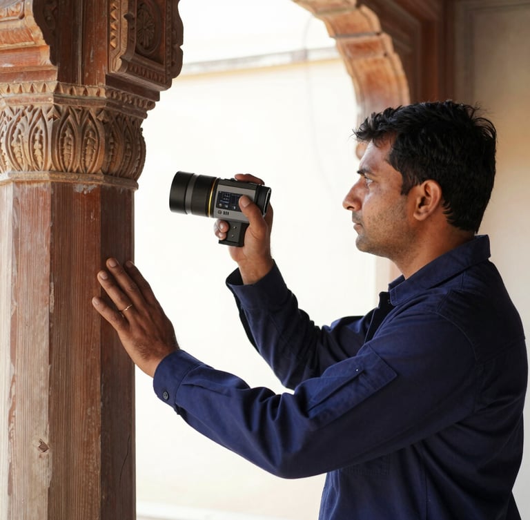 A professional technician in a crisp navy uniform using a thermal imaging camera to inspect a carved wooden column inside a Rajasthani haveli, bright daylight.