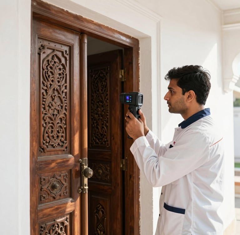A professional technician in a crisp white and navy branded uniform using a thermal imaging camera to inspect a carved wooden doorway inside a bright, sunlit Rajasthani haveli.
