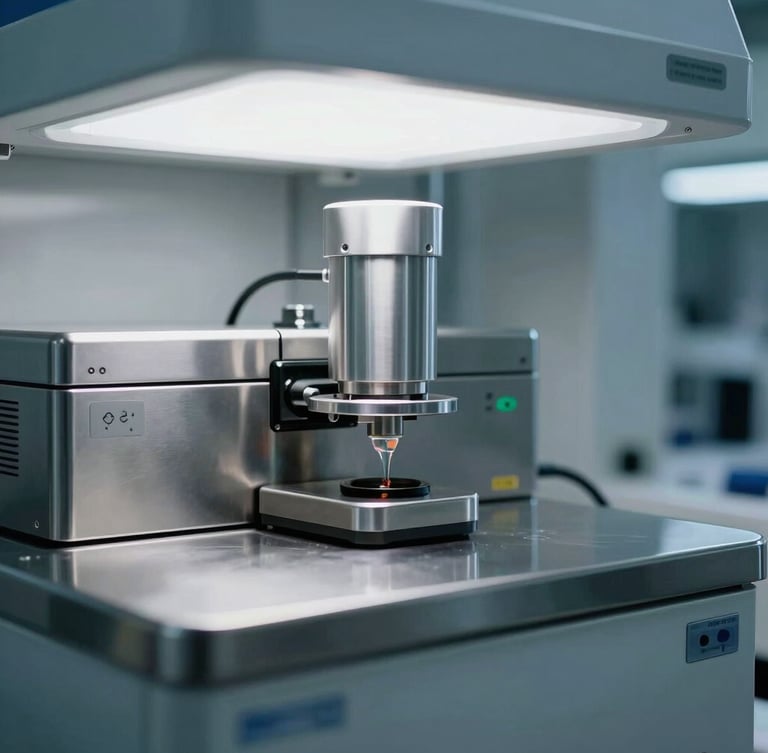Macro shot of high-performance liquid chromatography HPLC equipment in a sterile laboratory, cool white overhead lighting, high-contrast reflections on stainless steel surfaces.