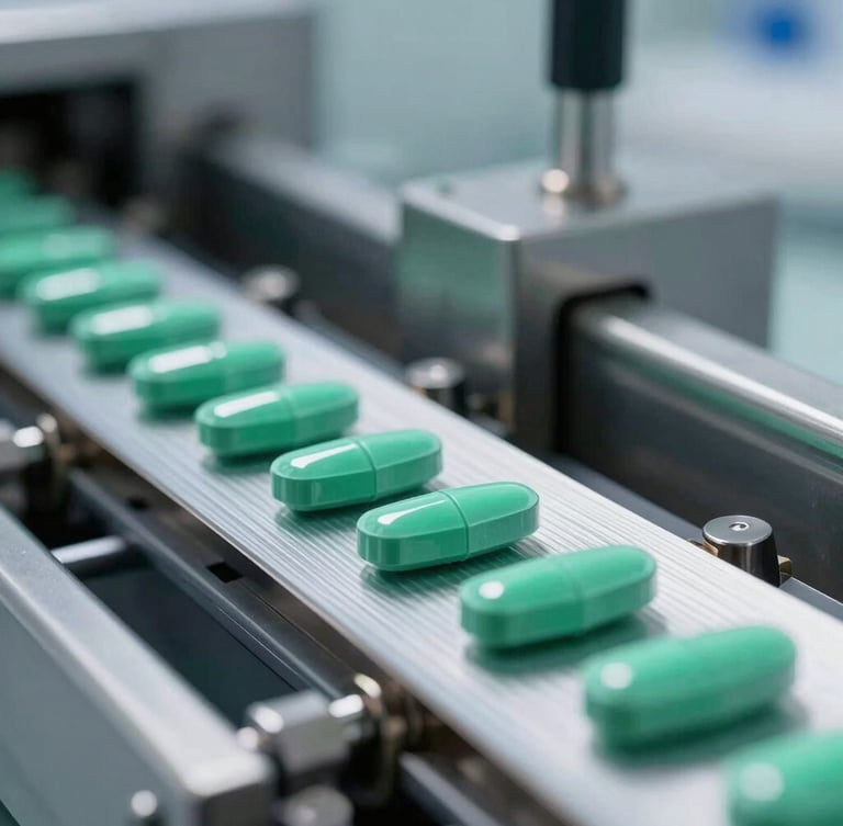 Close-up macro shot of a modern high-speed blister packaging line with emerald green tablets, sterile steel machinery, cool clinical lighting