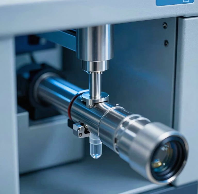 Macro close-up of a high-performance liquid chromatography HPLC instrument, sterile cool blue lighting, precise stainless steel tubes.