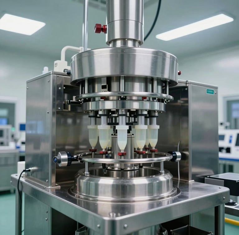 A sterile pharmaceutical cleanroom with automated liquid filling lines, stainless steel machinery, cool bright overhead lighting, vertical alignment.
