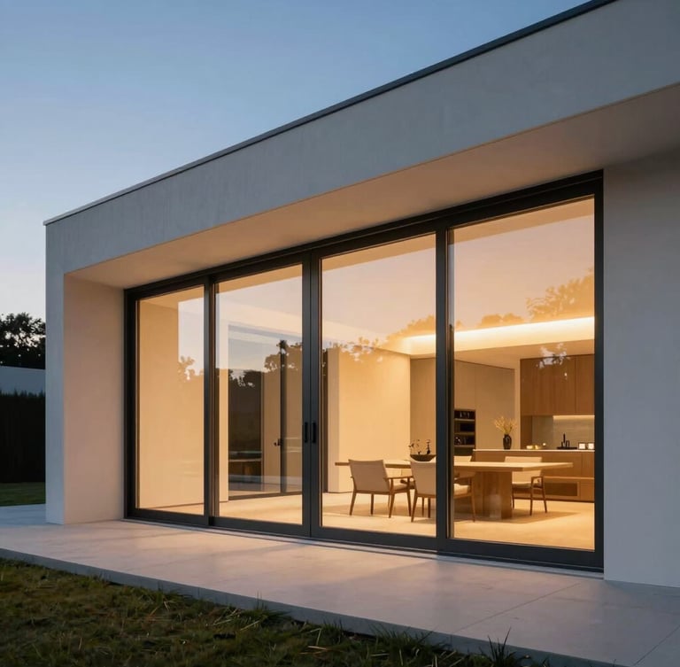 A minimalist modern home exterior at twilight, featuring expansive floor-to-ceiling uPVC sliding doors with clean charcoal frames, warm interior light glowing through the high-clarity double glazing.