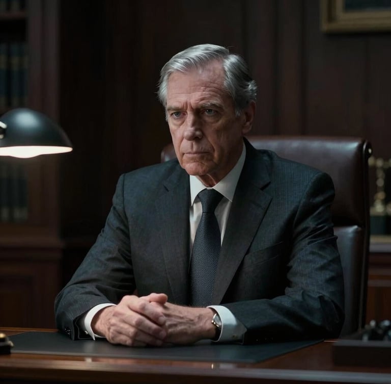 Low-key dramatic portrait of a senior male attorney in a dark tailored suit, sitting behind a dark oak desk with focused desk light, solemn expression, cool silver tones, shallow depth of field.