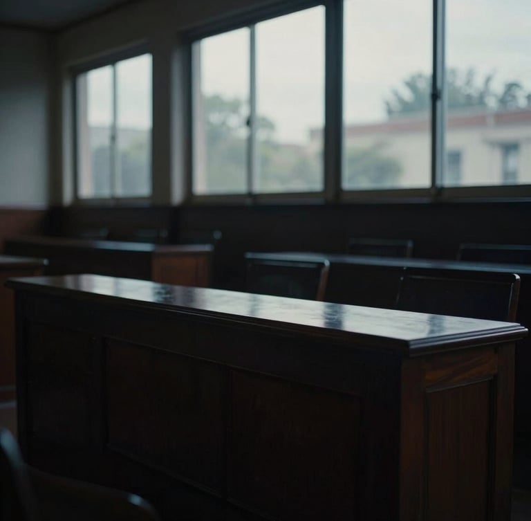 Dramatic low-key photography of an empty, solemn courtroom in Toluca, cool overcast daylight filtering through large windows, deep charcoal tones, cinematic 35mm film, shallow depth of field.