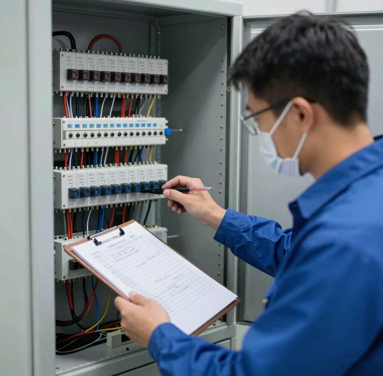 Focused medium shot of an electrical engineer in full safety PPE operating a calibrated relay test set, organized wiring inside a control panel, technical slate lighting