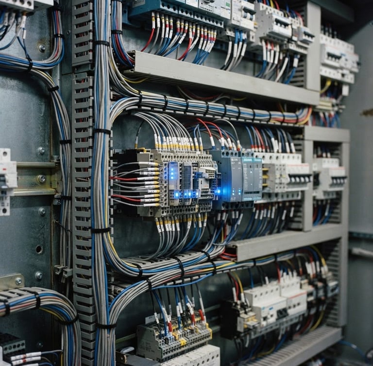 Close-up of organized electrical wiring inside a power system protection panel, technical blue indicators, crisp technical lighting, 35mm