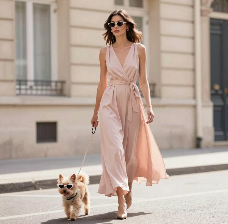 Full-length editorial shot of an elegant woman in a flowing blush pink dress walking a small chic dog wearing tiny stylish sunglasses, sunny Parisian street, soft focus, high-fashion magazine style