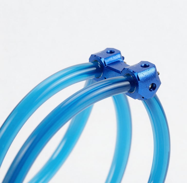 Crisp studio product photography, macro close-up of custom liquid cooling loops with electric blue fluid, clean white background, high-key lighting, 50mm lens