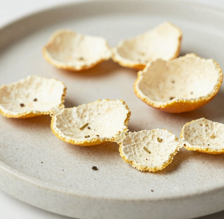 Macro close-up of citrus peel and dried herbs on a neutral stone plate, diffused morning daylight, shallow depth of field, 35mm