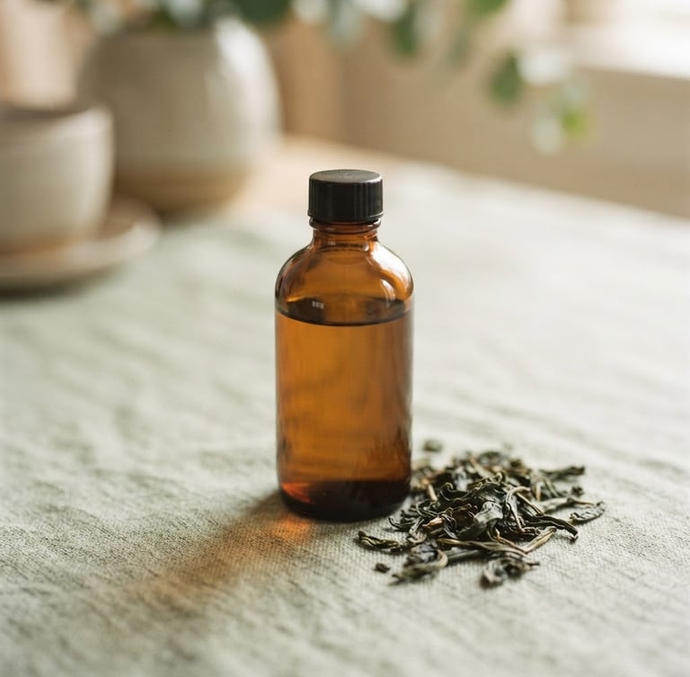 Minimalist amber glass bottle on a textured linen surface, soft morning light casting gentle shadows, macro shot of green tea leaves nearby, 35mm