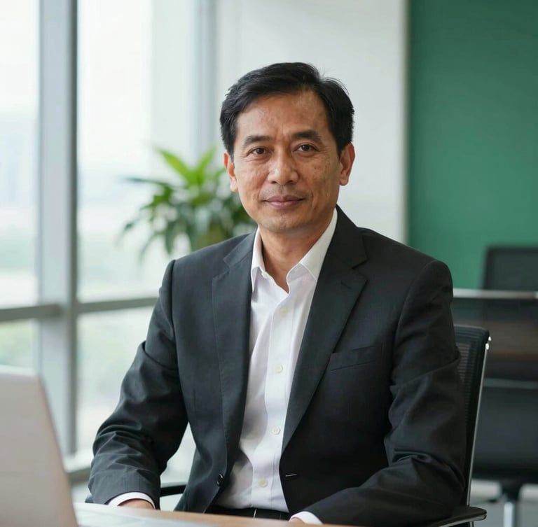 Crisp portrait of CEO Abg. Steven Tipan sitting in a modern high-end office, wearing a professional suit, soft natural window light, deep forest green accents in background, 35mm lens, clean editorial style.