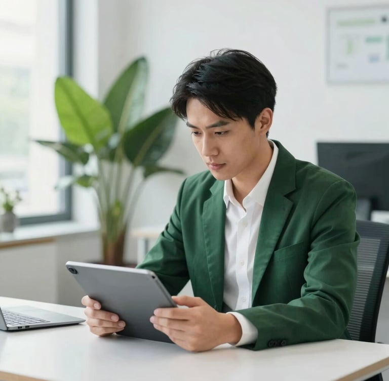 A focused professional entrepreneur analyzing data on a tablet in a bright, modern office with soft green plants in the background, clean daylight.