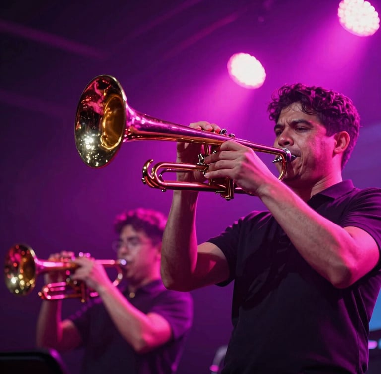 Dynamic low-angle action shot of a live brass section in motion, stage lights catching the polished metal, neon magenta backlighting, 35mm lens