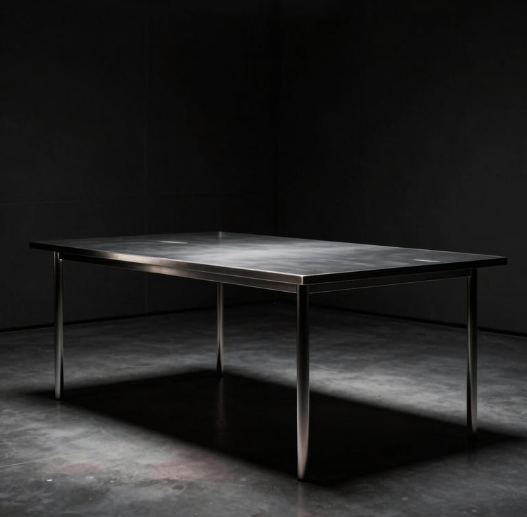 A sleek, dark studio setting with soft volumetric glow illuminating a high-end metal work table, minimal architectural details, moody cinematic atmosphere.