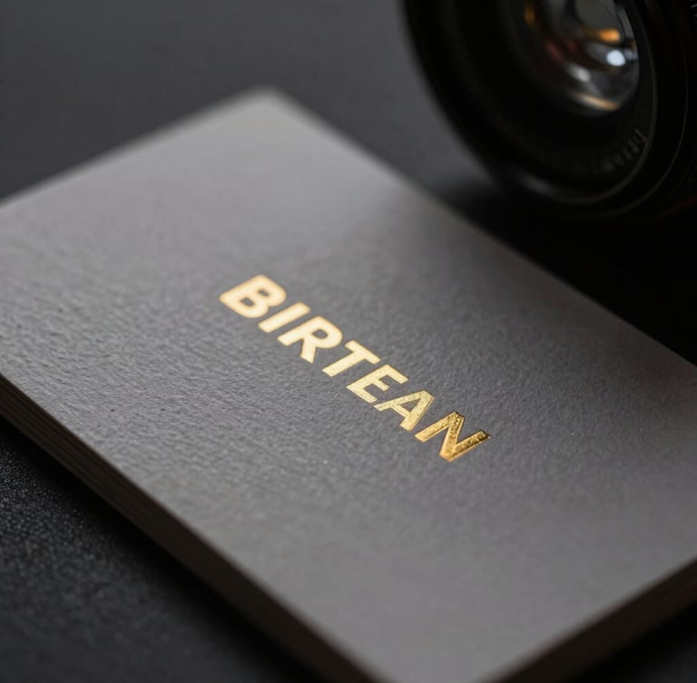 Macro close-up of premium embossed business cards with metallic gold ink, dramatic low-key studio lighting, deep shadows, 35mm lens.