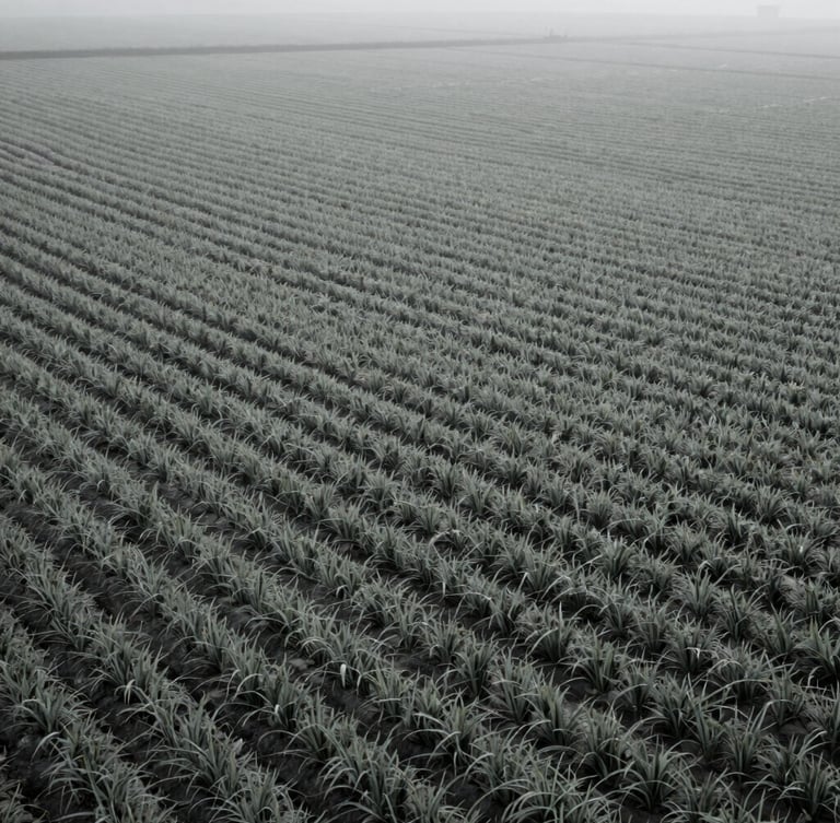 Close-up abstract detail of a structured agricultural landscape, precise crop rows forming geometric patterns on a misty morning, cool desaturated tones, medium format photography.