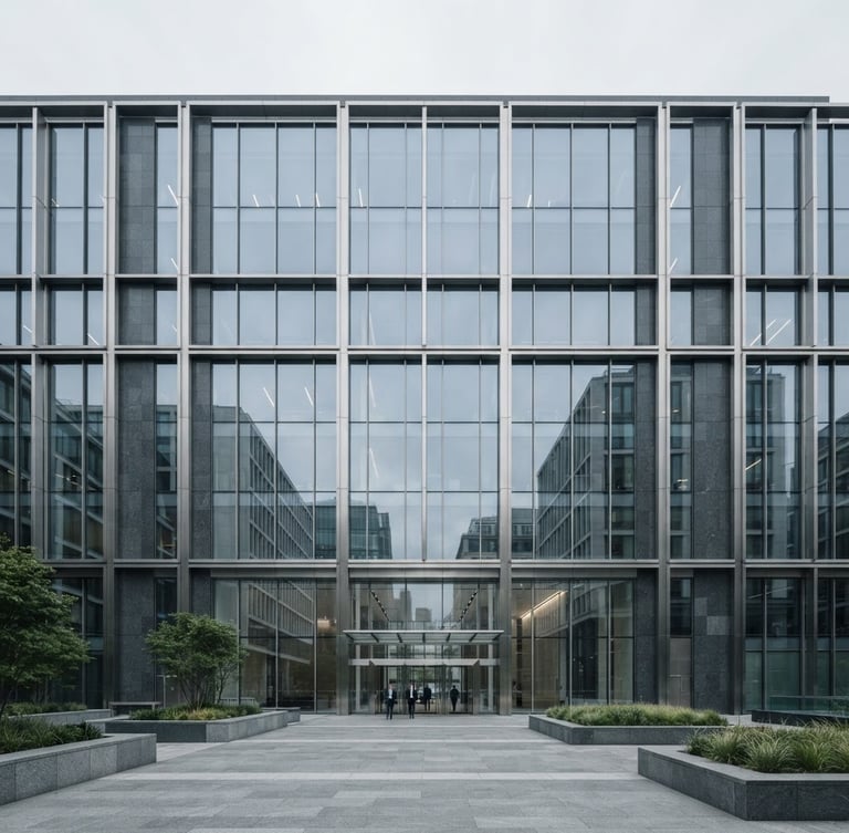 Wide architectural angle of a modern steel and granite corporate headquarters facade in London, soft diffused overcast daylight, cool desaturated tones, clean minimalist composition.