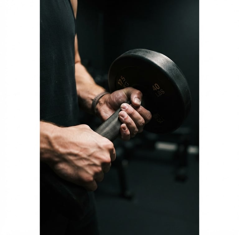 Close-up of a person's hands holding a dumbbell in a dimly lit, minimalist home gym, dramatic side-lighting, deep charcoal tones with warm gold accents, shallow depth of field, 35mm, portrait aspect