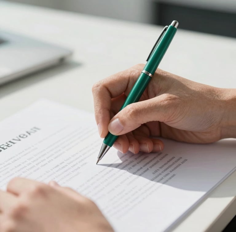 Macro close-up of hands signing official incorporation documents on a clean slate table, high contrast, emerald green pen accent, bright morning light