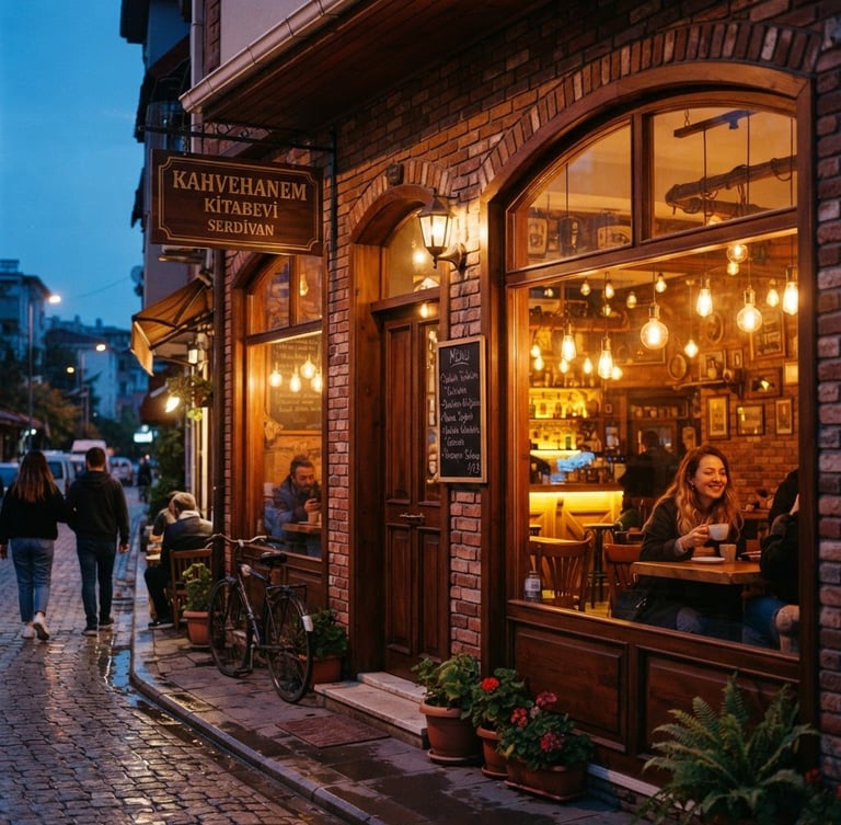 Warm editorial photography, twilight exterior of a cozy retro cafe in Serdivan, warm amber light glowing from windows, exposed brick details, 35mm film