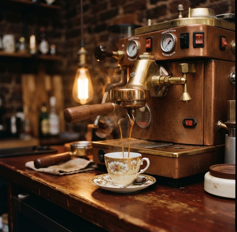 Warm editorial photography of a vintage copper espresso machine pouring rich espresso into an antique porcelain cup, soft amber lighting, brick wall background, shallow depth of field