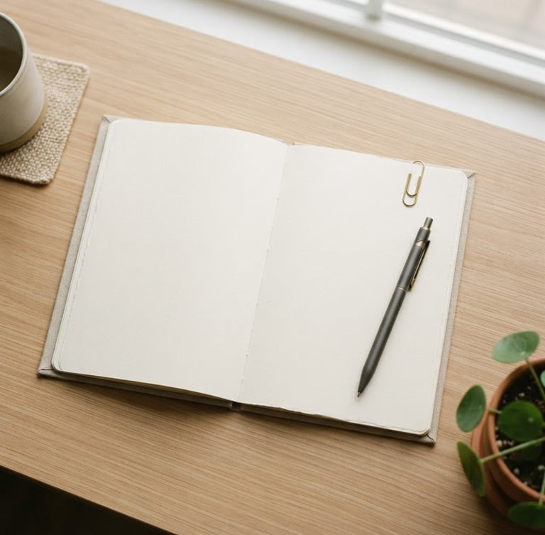 Overhead minimalist desk shot, clean paper notebook, elegant pen, brass paperclip, soft natural light, warm neutral tones, 35mm lens