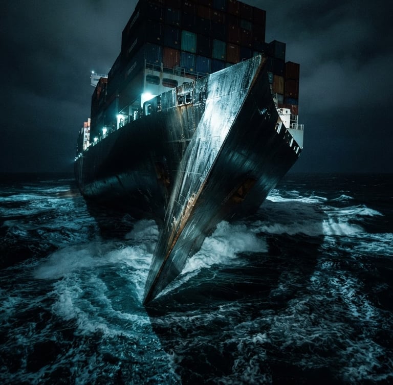 Wide dramatic low-angle shot of a massive container ship hull slicing through dark deep-sea water, cool-toned laboratory style lighting, sharp focus on the steel prow, 35mm