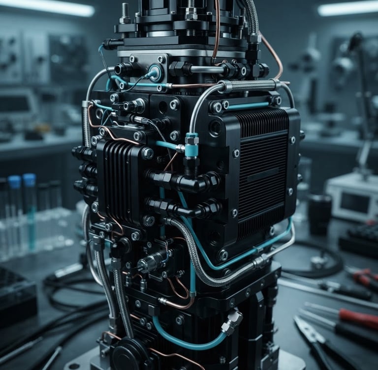 Sleek industrial photography of a high-precision thermodynamic core component, cool laboratory lighting, deep obsidian and cyan tones, sharp macro focus, 35mm