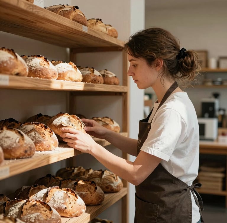 Medium candid shot of a local bakery owner in her sunlit workspace, arranging fresh organic bread on wooden shelves, natural daylight, soft shadows, warm tones.