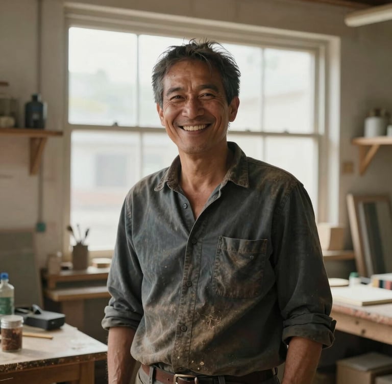 A local workshop owner smiling warmly in natural window daylight, dusty wooden surroundings, unposed and authentic portrait.