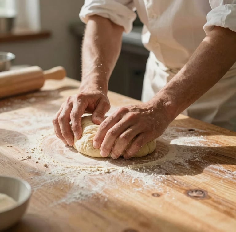 Close-up of a local baker working in a sunlit kitchen, hands kneading dough on a rustic wooden counter, warm natural daylight, soft shadows, eye-level candid shot.