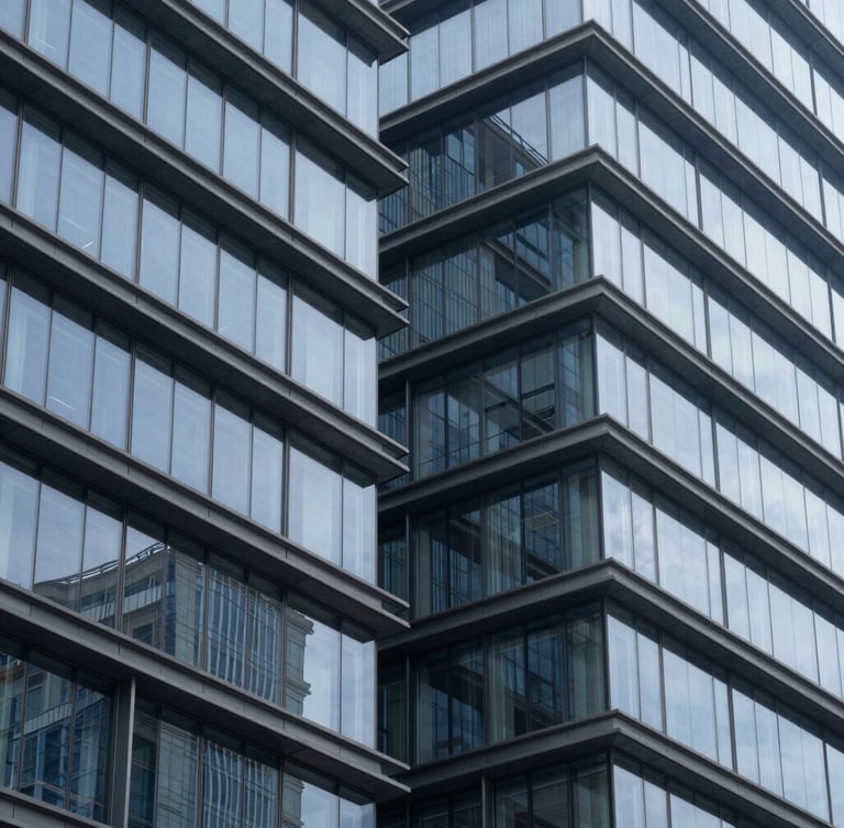 Abstract geometric architectural lines of a modern office building, steel and glass structure, cool blue and slate tones, sharp focus, clean corporate composition.