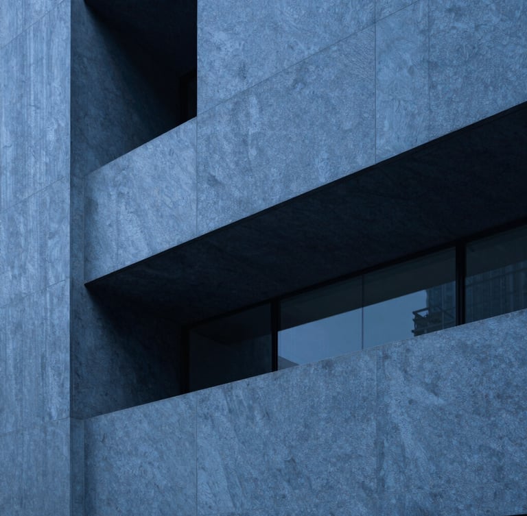 Abstract geometric concrete architecture with sharp shadows, crisp blue slate lighting, professional corporate environment, 50mm lens