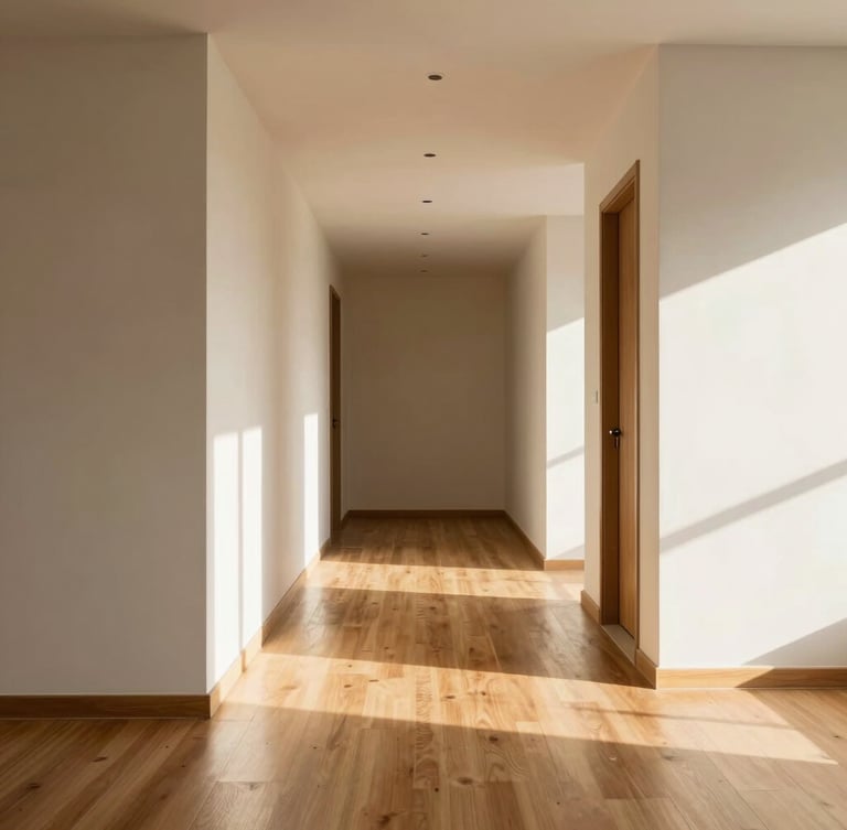 Sleek, sunlit modern apartment interior in Kharadi, clean straight-on perspective, warm afternoon sunlight hitting wooden floors, high-contrast details