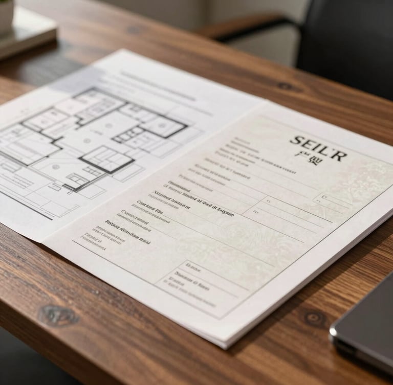 Close-up of legal property title deeds and architectural floorplans on a dark oak desk, warm natural side light