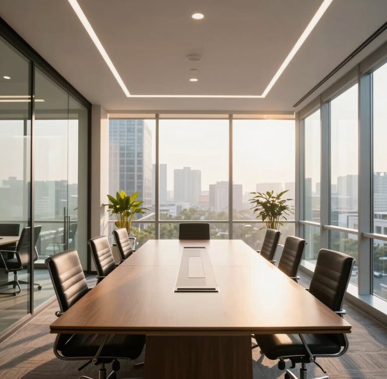 Straight-on interior perspective of a modern, sunlit conference room in a Kharadi corporate office, clean glass walls, warm afternoon light.