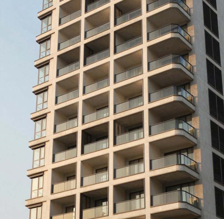 Sleek modern high-rise apartment exterior in Kharadi, Pune, warm golden-hour architectural photography, 35mm lens