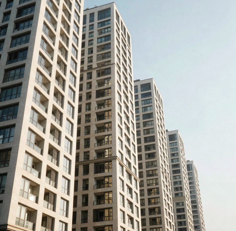 Bright natural afternoon sunlight reflecting off sleek high-contrast modern apartment towers in Kharadi, clean architectural perspective, 35mm lens