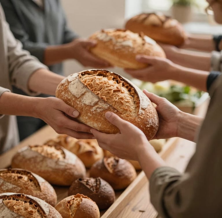 A warm, natural light photograph of hands distributing fresh bread and produce to community members, soft focus, rich earth tones