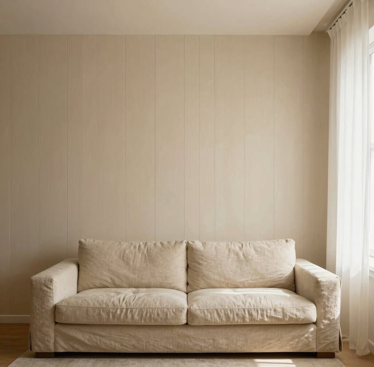 Straight-on architectural elevation of a minimalist apartment living room, warm cream fluted wood paneling, low-slung beige linen sofa, soft natural window light, 35mm lens