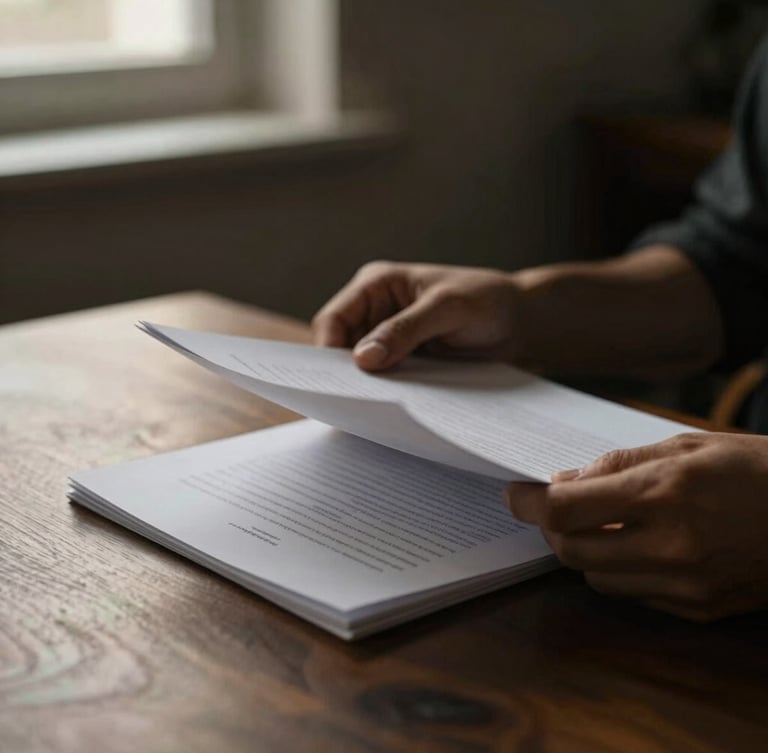 Tight macro shot of focused hands reviewing high-quality paper briefs on a dark oak table, soft directional window light, deep shadows, warm cream tones.