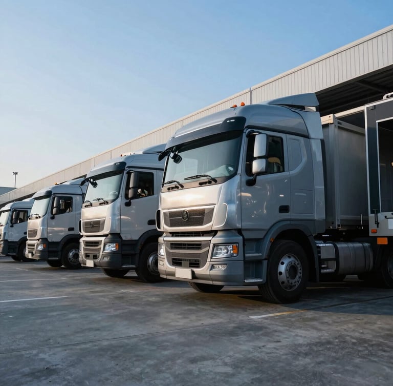 Low-angle wide shot of active modern freight trucks parked at concrete loading docks under crisp morning daylight, cool blue tones